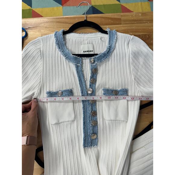 Sandro Alecia Knit and Denim Midi Dress Ribbed Midi Dress - Picture 7 of 9